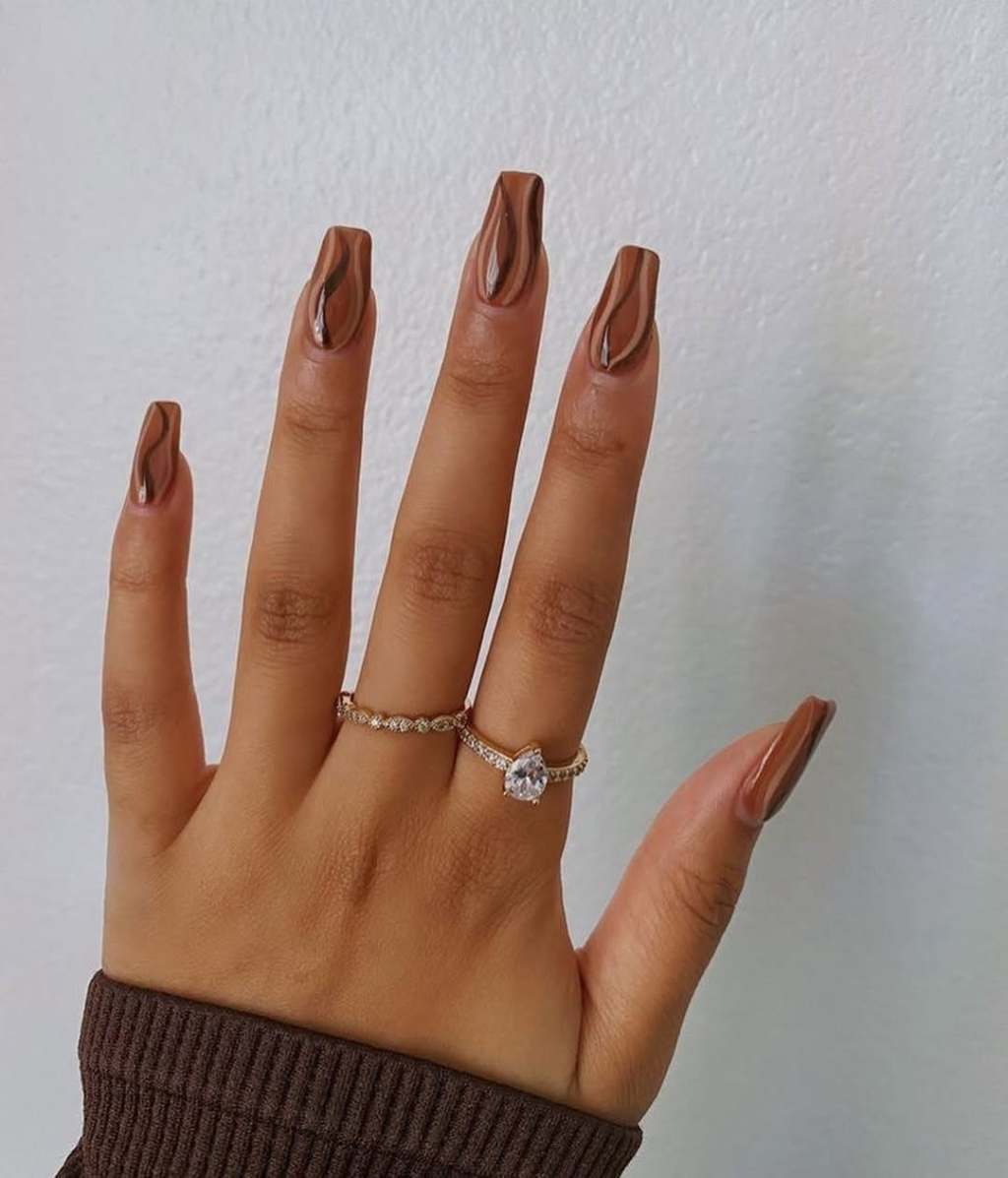 Long Square Nails with Brown Swirls Long Square Nails with Brown Swirls — Trendy Mocha Nails