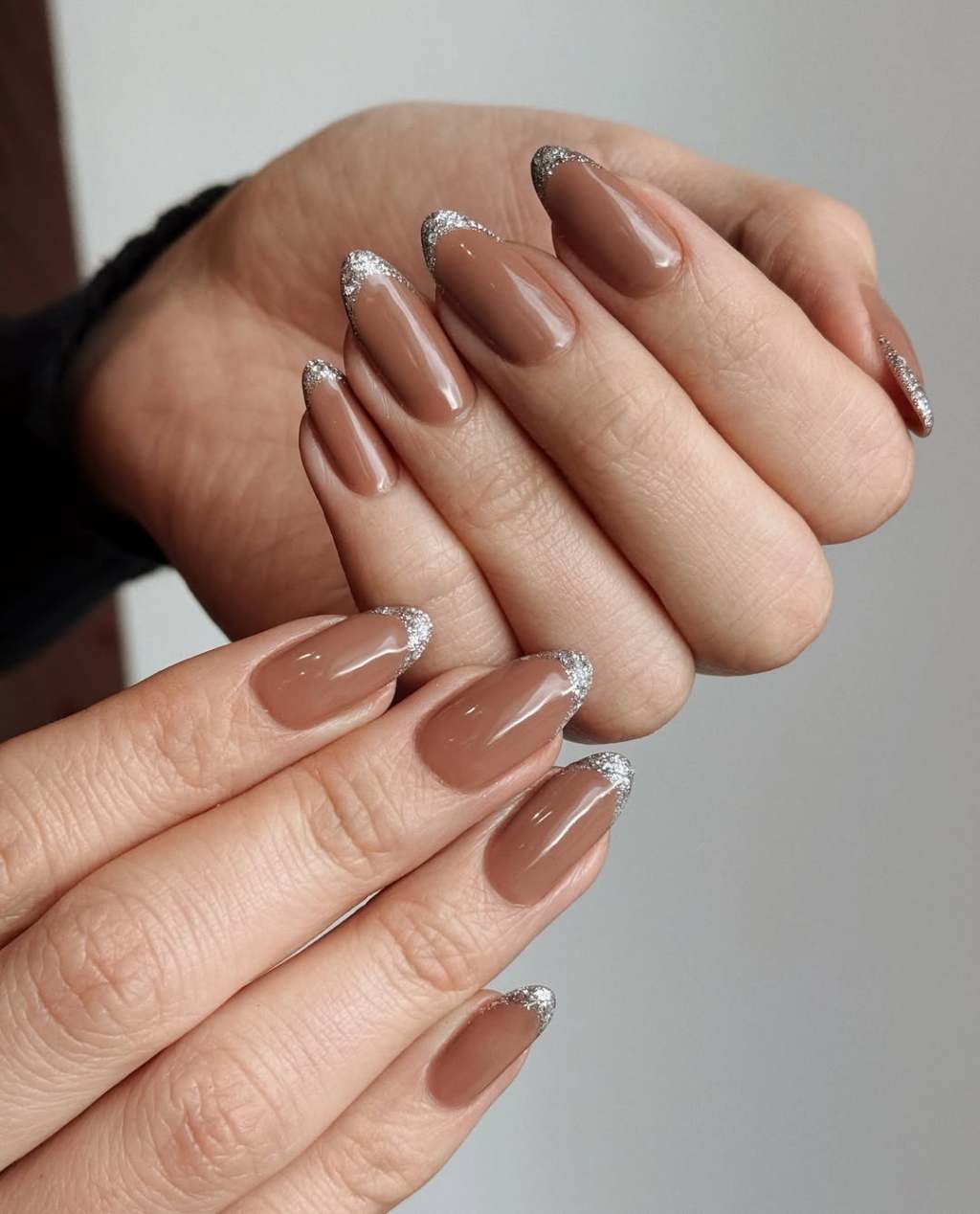 Glossy Mocha Almonds with Silver Glitter French Glossy Mocha Almonds with Silver Glitter French — Trendy Mocha Nails