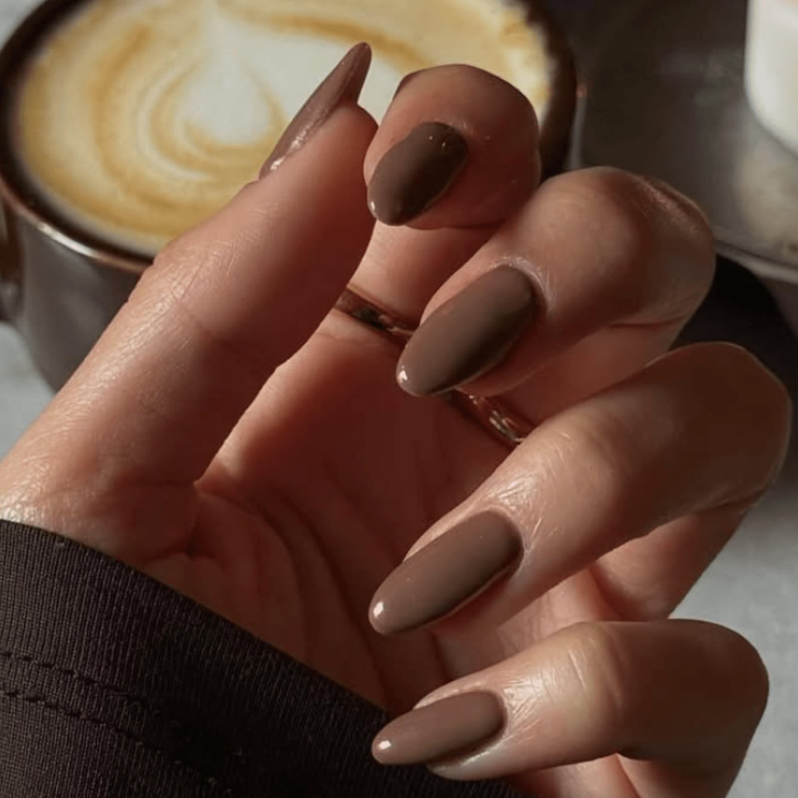 Glossy Medium Brown Almond Nails Glossy Medium Brown Almond Nails — Trendy Mocha Nails