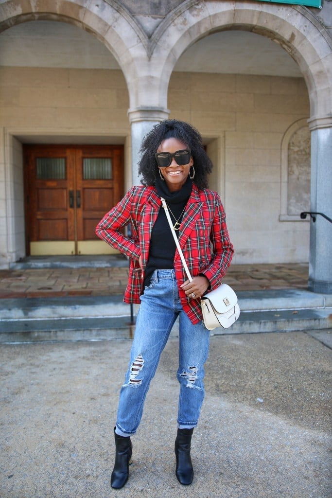 Distressed Blue Mom Jeans with Plaid Blazer and Black Ankle Boots — Trendy Mom Jeans Outfits