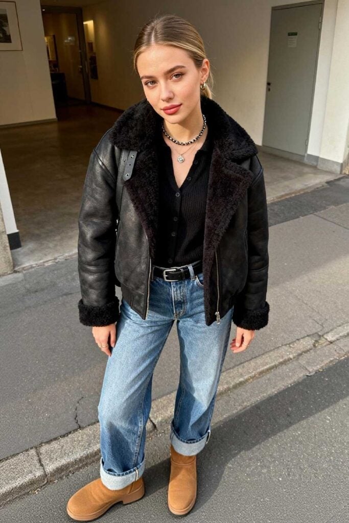 Mom Jeans with Shearling Lined Jacket — Trendy Mom Jeans Outfits