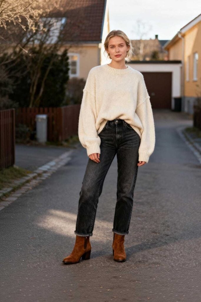 Dark Grey Straight Leg Mom Jeans with Oversized Sweater — Trendy Mom Jeans Outfits