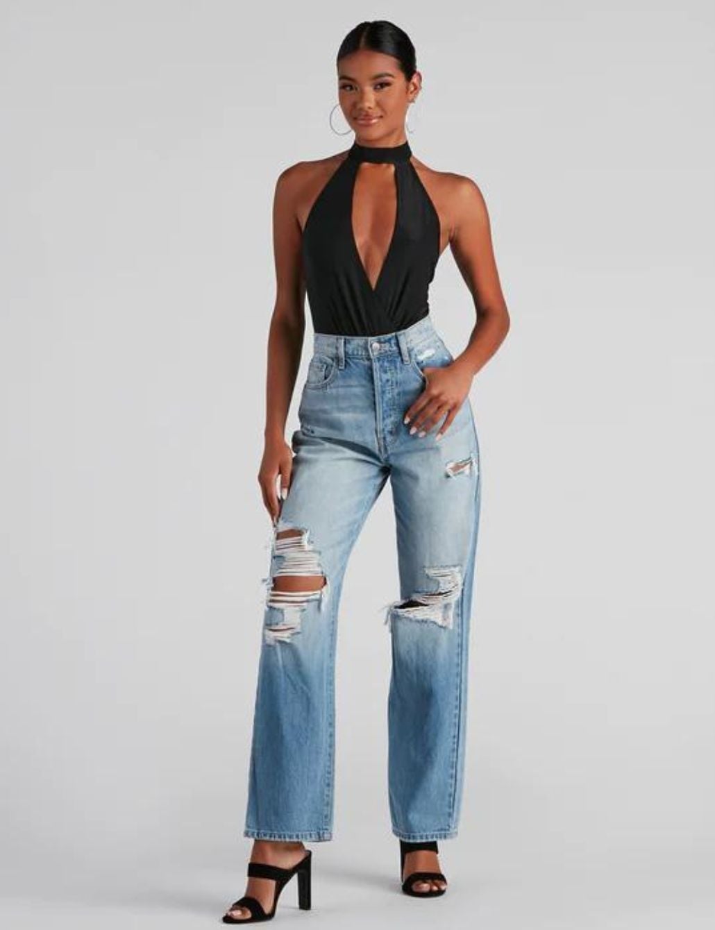 Ripped Wide Leg Jeans with Halter Top — Trendy Mom Jeans Outfits