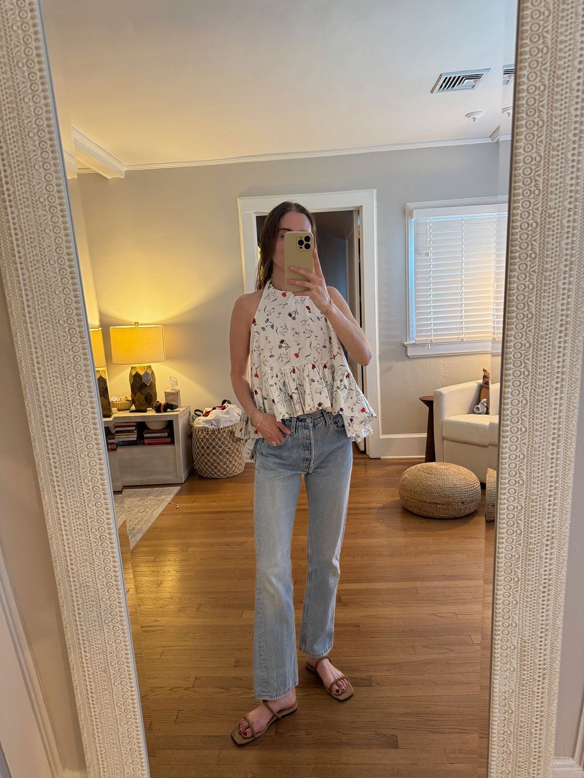 Straight Leg Jeans with Printed Halter Top — Trendy Mom Jeans Outfits