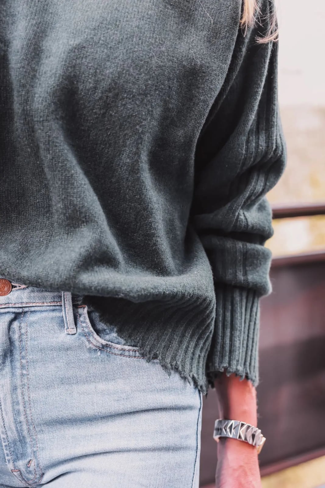 Distressed Hem Mom Jeans with Green Sweater — Trendy Mom Jeans Outfits