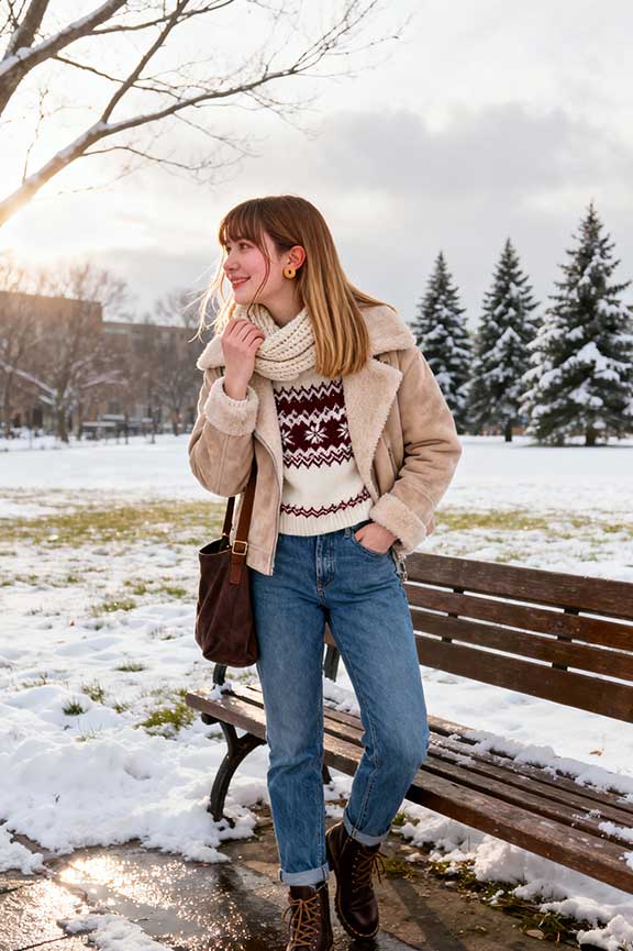 Blue Mom Jeans with Shearling Jacket — Trendy Mom Jeans Outfits