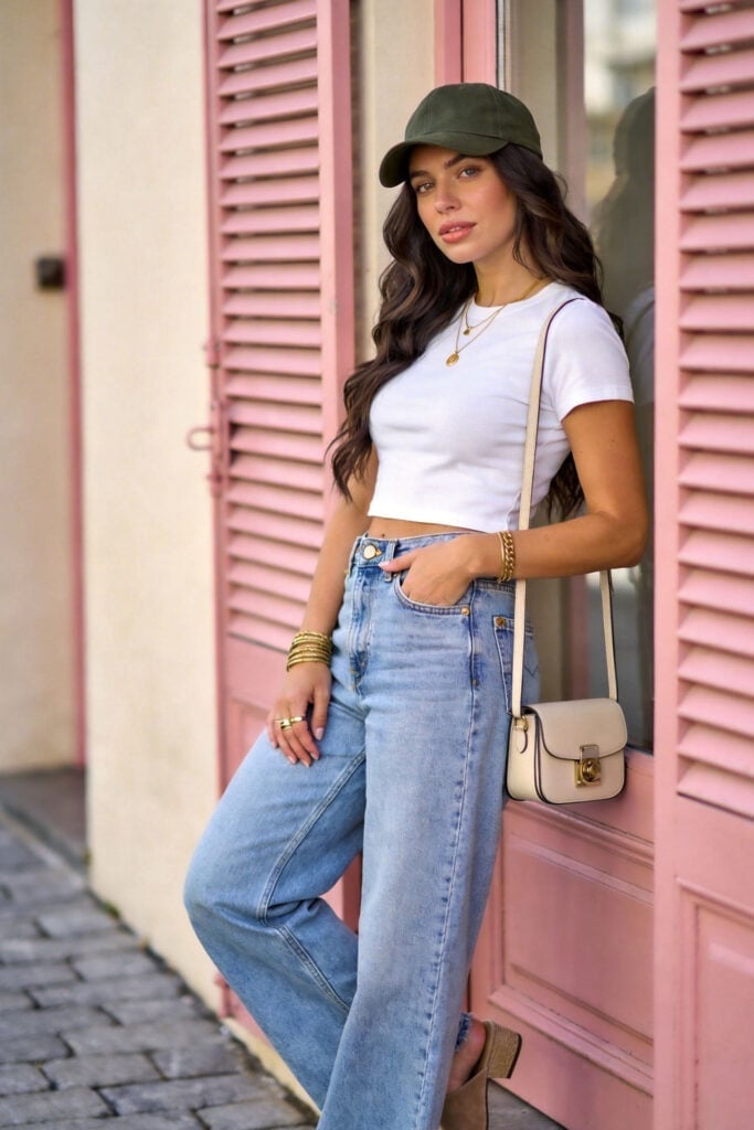 Light Blue Wide Leg Jeans with Olive Cap — Trendy Mom Jeans Outfits