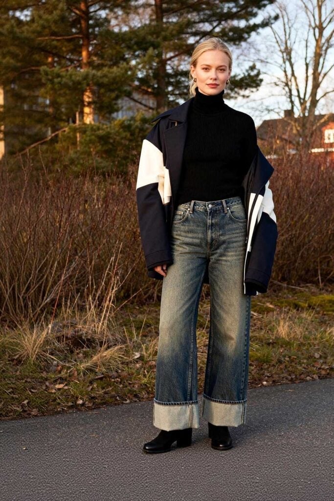 Wide Leg Jeans with Navy Jacket — Trendy Mom Jeans Outfits