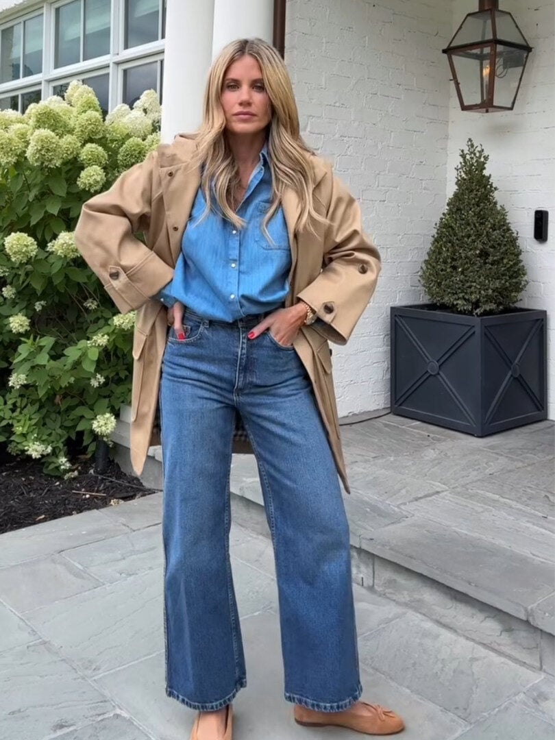 Brown Suede Blazer with White T-Shirt and Blue Jeans — Trendy Monday Outfit