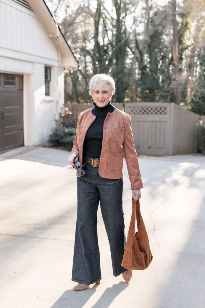 Suede Jacket with Black Turtleneck and Wide-Leg Jeans — Trendy Monday Outfit