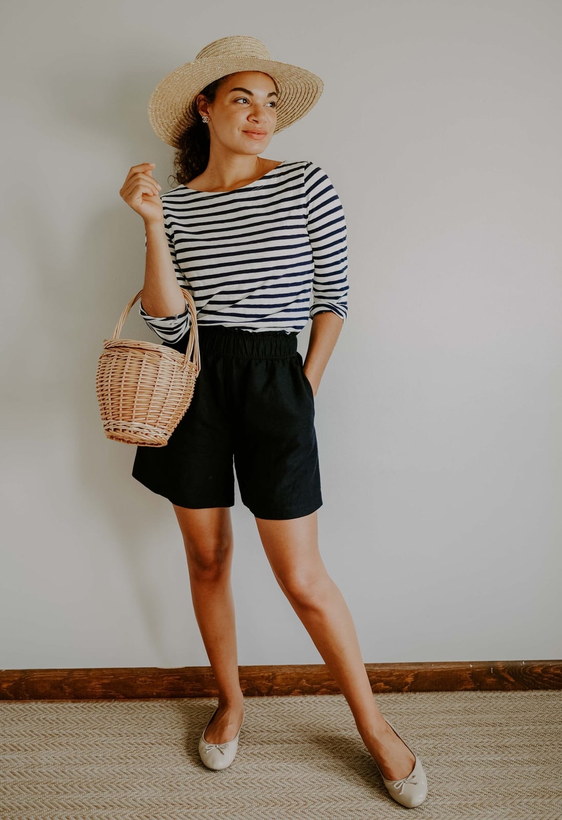 Striped Top with Black Linen Shorts and Straw Hat — Trendy Monday Outfit