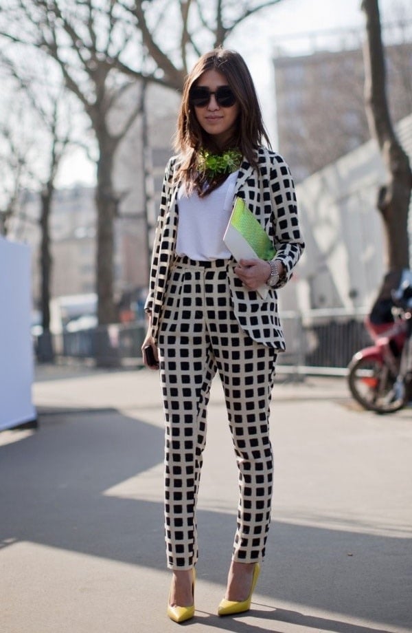 Checked Suit with Yellow Heels and Clutch and Slim Fit Trousers — Trendy Monday Outfit