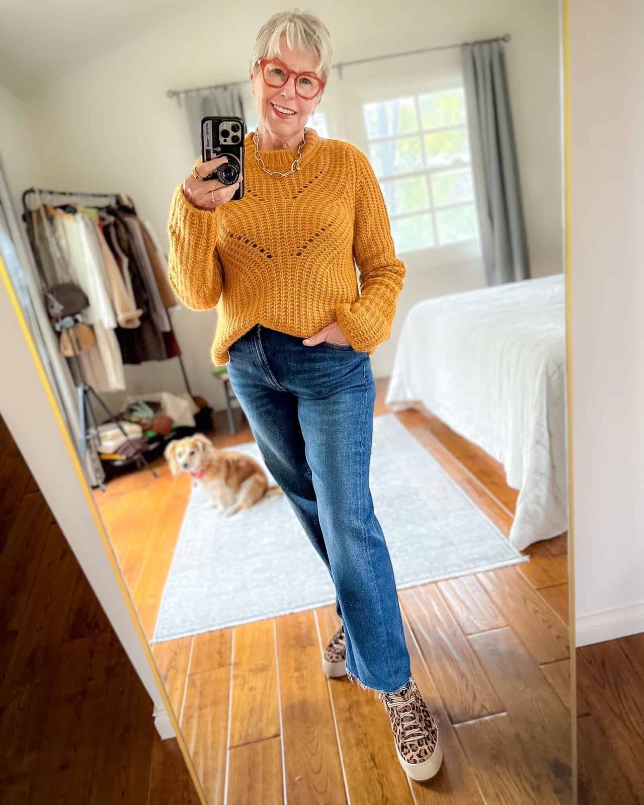 Yellow Knit Sweater with Straight-Leg Jeans and Sneakers — Trendy Monday Outfit