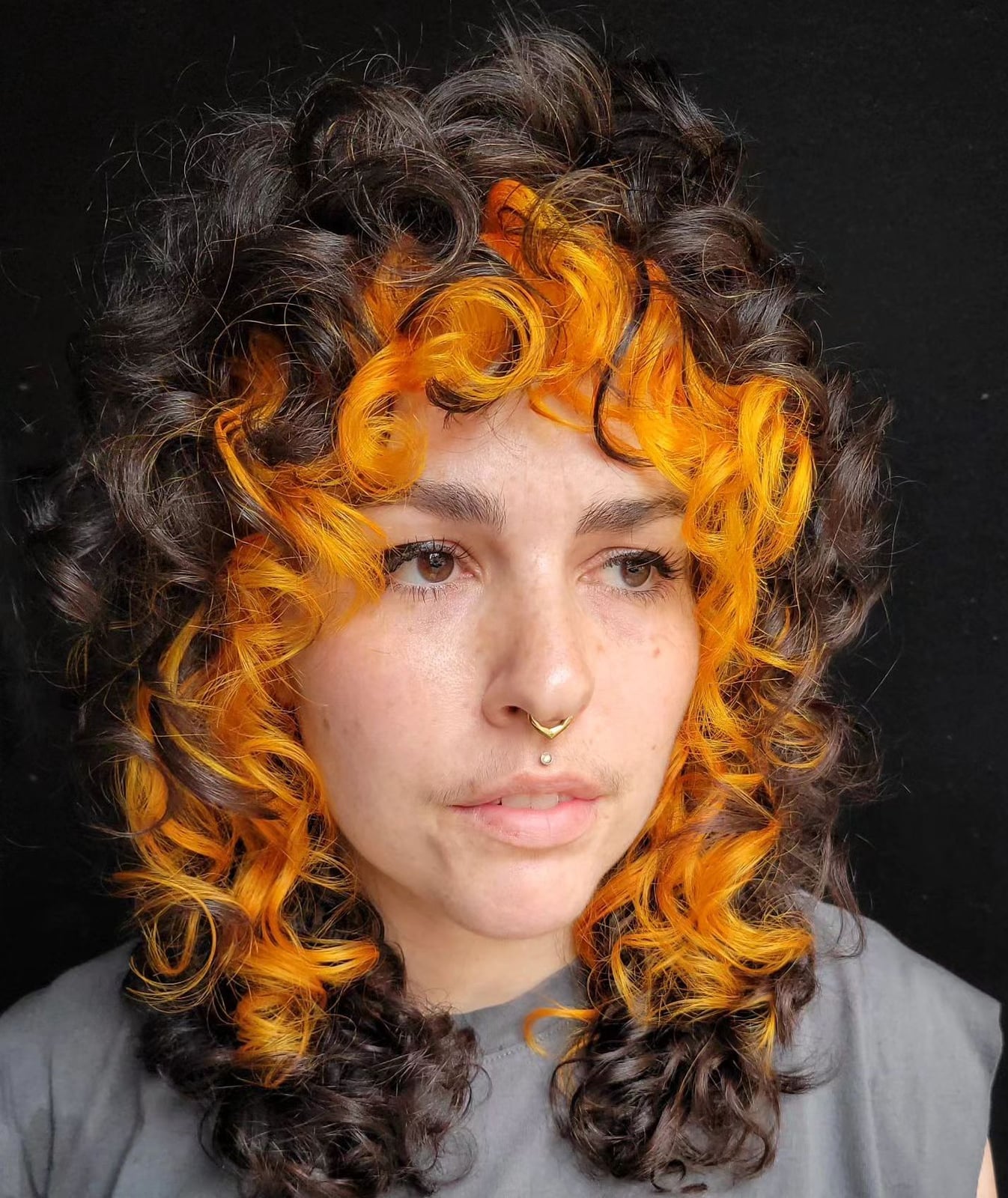 Dark Brown Shoulder With Orange Money Piece Dark Brown Shoulder With Orange Money Piece — Trendy Money Piece Hair