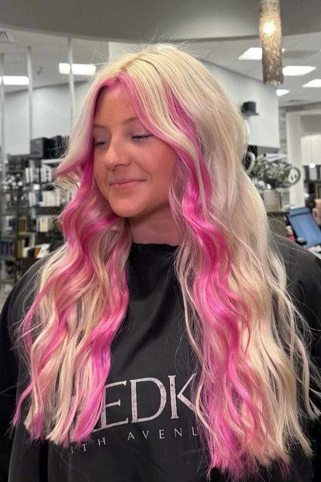 Blonde Mid-Back With Pink Money Piece Blonde Mid-Back With Pink Money Piece — Trendy Money Piece Hair