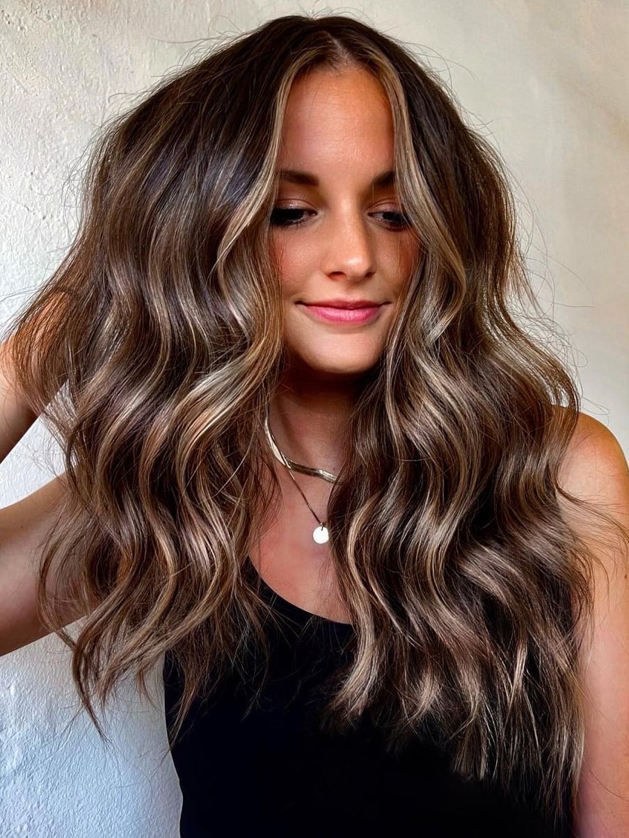 Dark Brown Mid-Back With Caramel Blonde Highlights, Wavy Dark Brown Mid-Back With Caramel Blonde Highlights, Wavy — Trendy Money Piece Hair