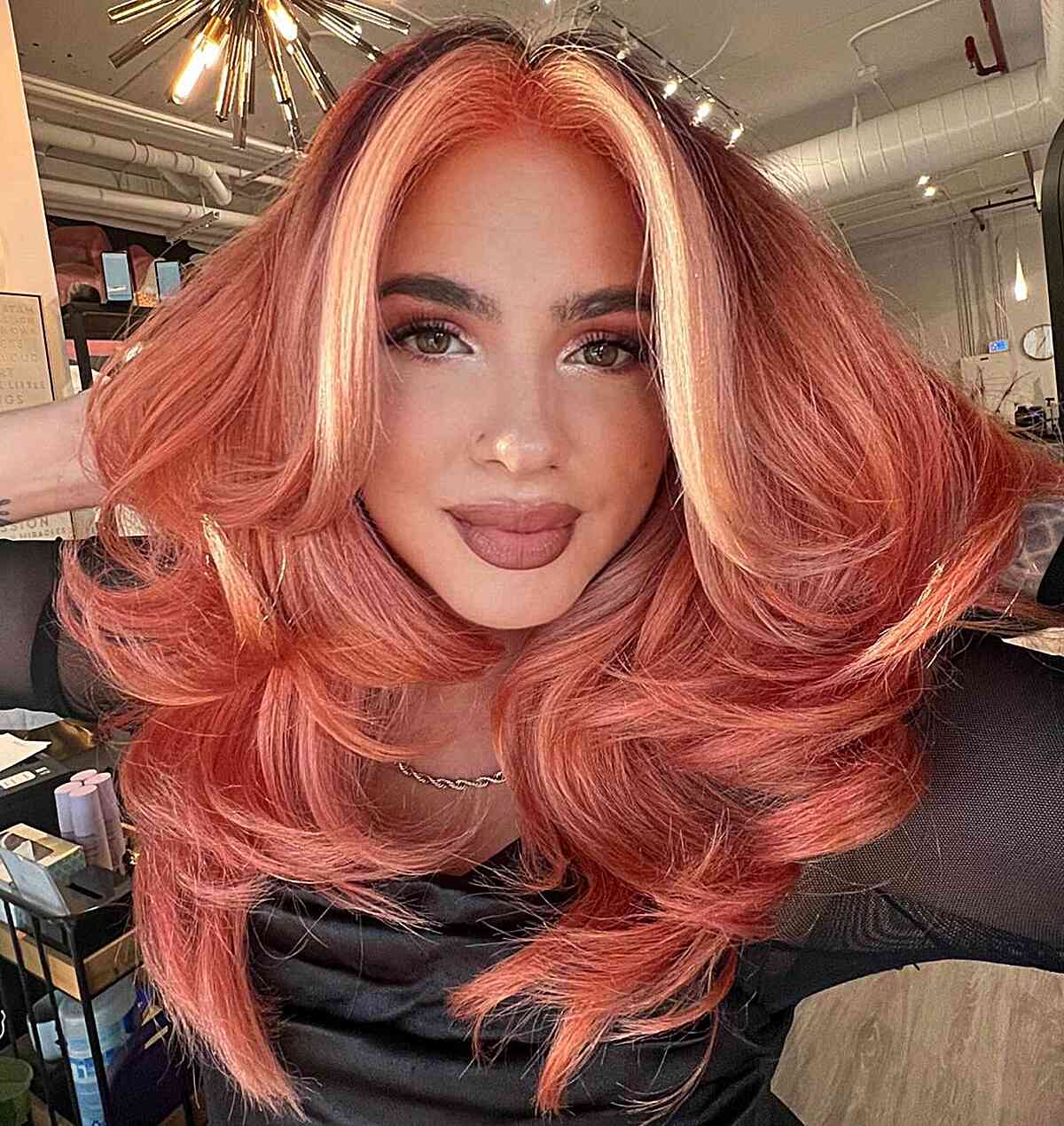 Coral Base With Blonde Money Piece Coral Base With Blonde Money Piece — Trendy Money Piece Hair