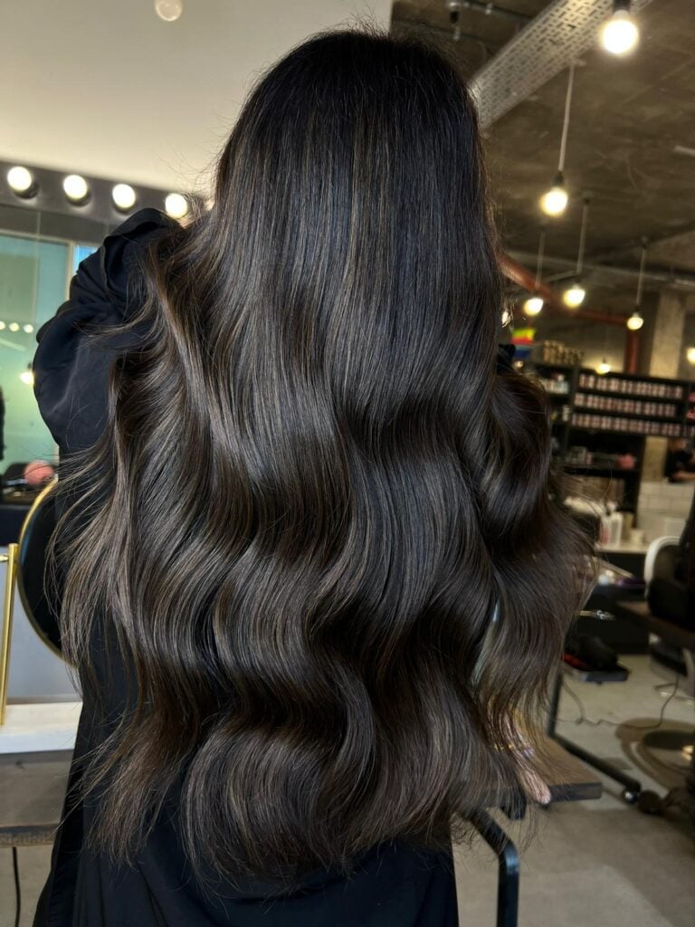 Mid-Back Dark Mushroom Brown With Subtle Highlights, Wavy — Trendy Mushroom Brown Hair Color