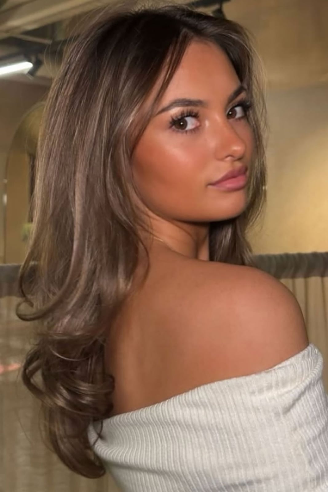 Shoulder-Length Mushroom Brown With Curtain Bangs — Trendy Mushroom Brown Hair Color