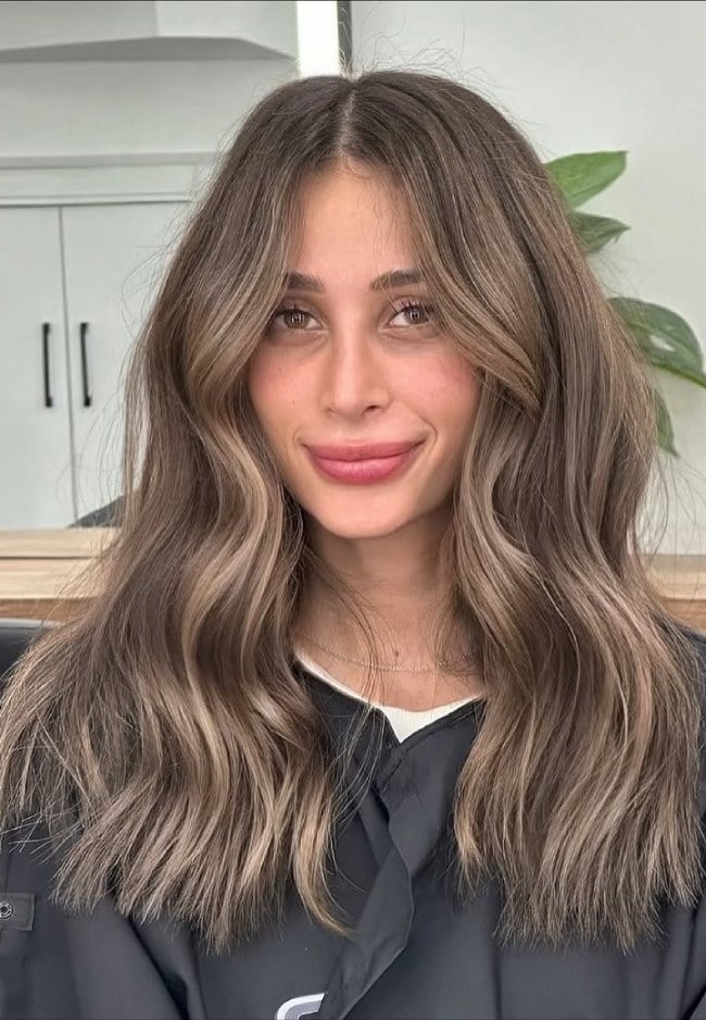 Mid-Back Ash Brown Balayage — Trendy Mushroom Brown Hair Color