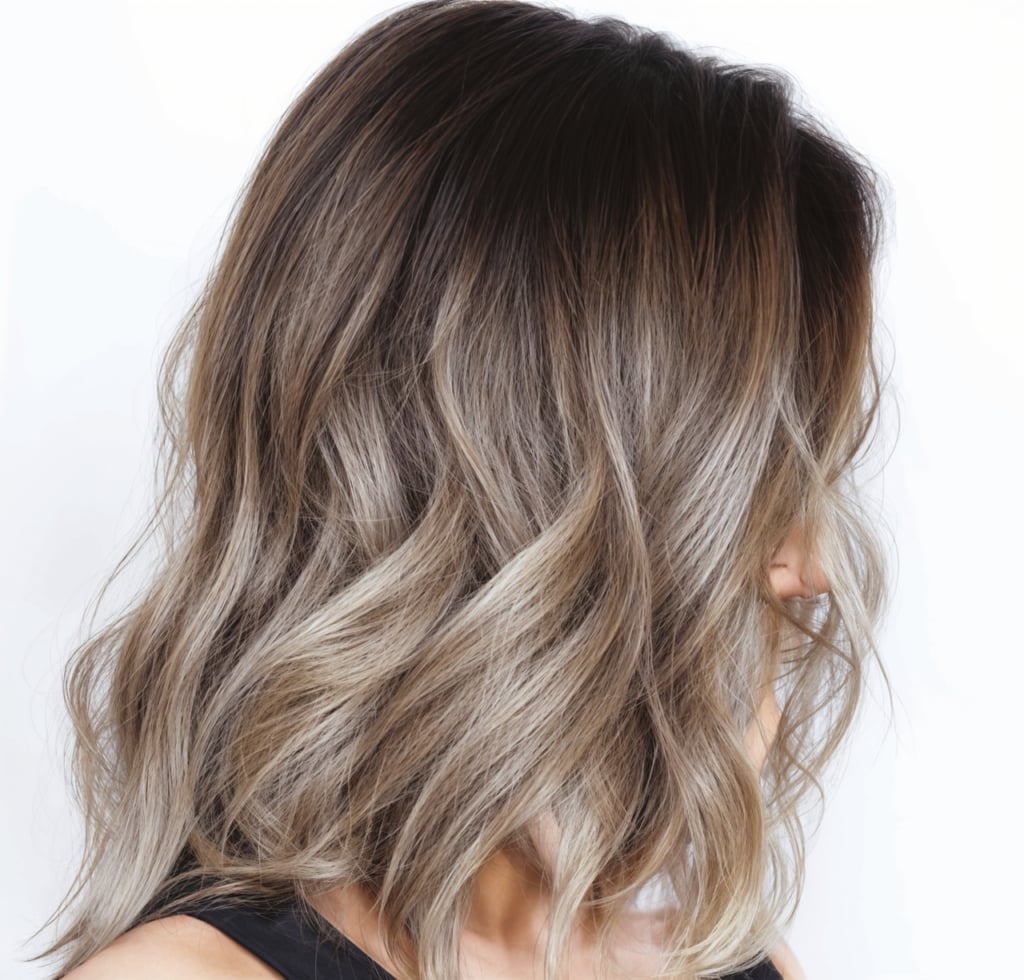 Collarbone Lob With Ash Blonde Highlights — Trendy Mushroom Brown Hair Color