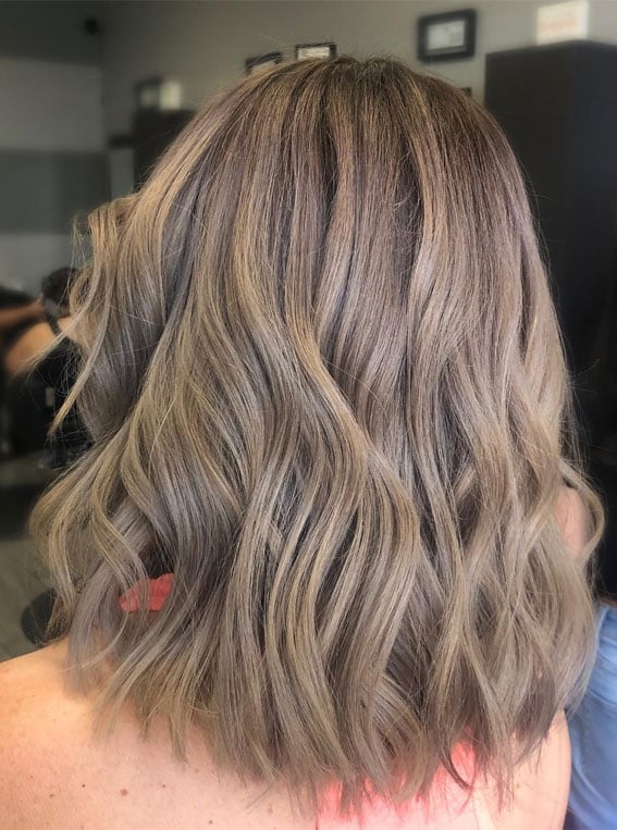 Collarbone Lob Medium Brown With Ash Blonde, Wavy — Trendy Mushroom Brown Hair Color