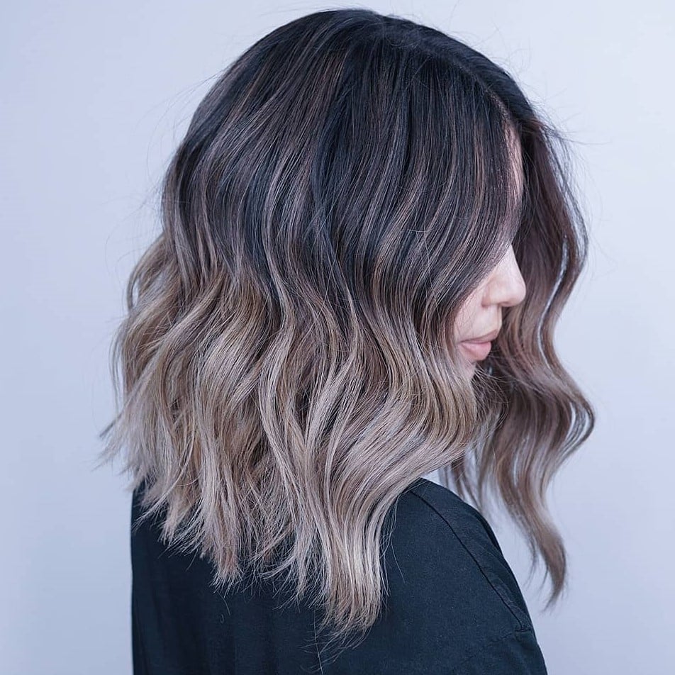 Collarbone Lob Dark Brown Ash Blonde Balayage With Wavy Blowout — Trendy Mushroom Brown Hair Color