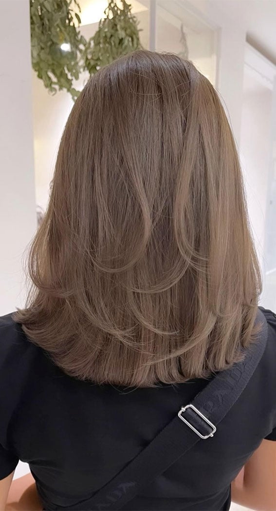 Chin Length Layered Mushroom Brown Bob — Trendy Mushroom Brown Hair Color