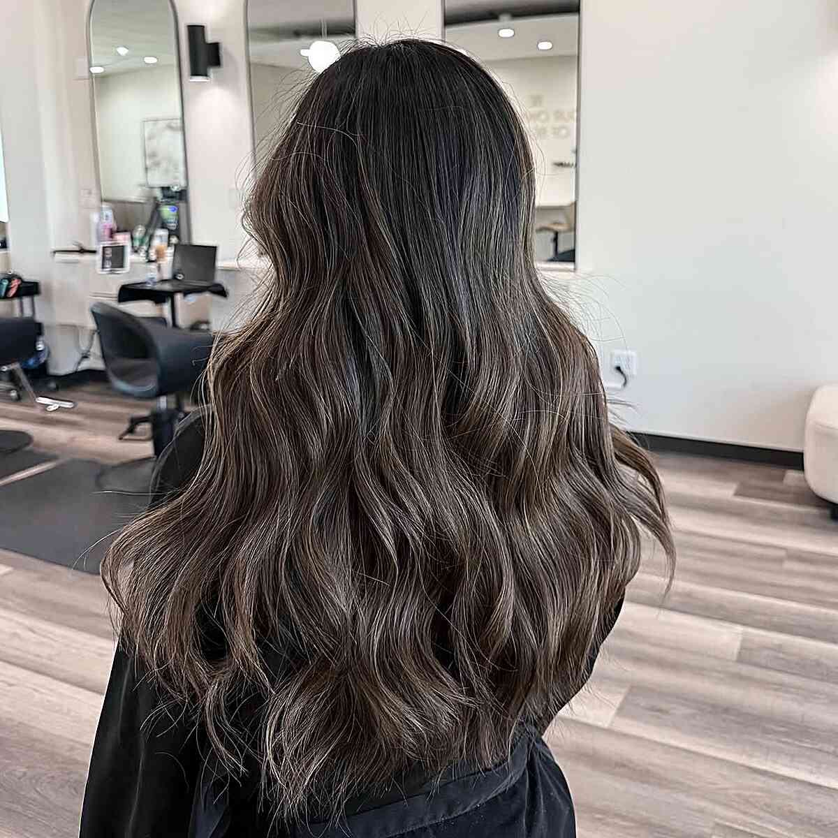 Mid-Back Dark Mushroom Brown With Ash Blonde Balayage — Trendy Mushroom Brown Hair Color