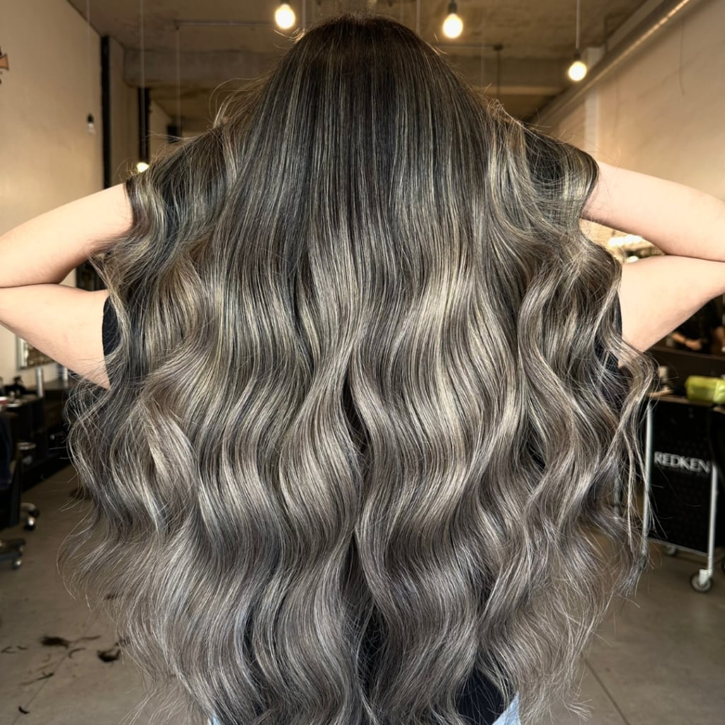 Mid-Back Dark Brown With Ash Brown Balayage, Close-Up Take — Trendy Mushroom Brown Hair Color