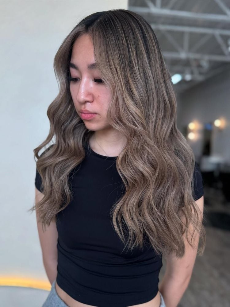 Mid-Back Dimensional Mushroom Brown Balayage, Wavy — Trendy Mushroom Brown Hair Color