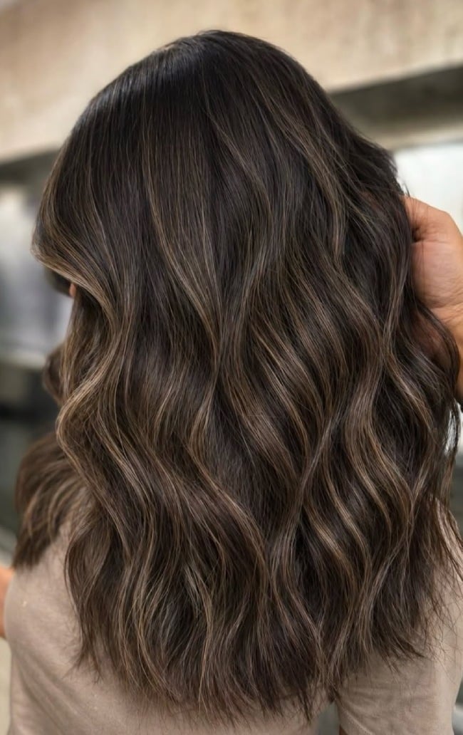 Mid-Back Dark Mushroom With Beige Highlights — Trendy Mushroom Brown Hair Color