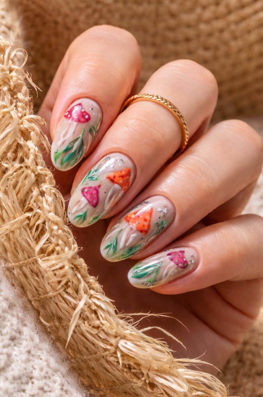 Beige Base Mushroom Leaf Almond Nails — Trendy Mushroom Nails