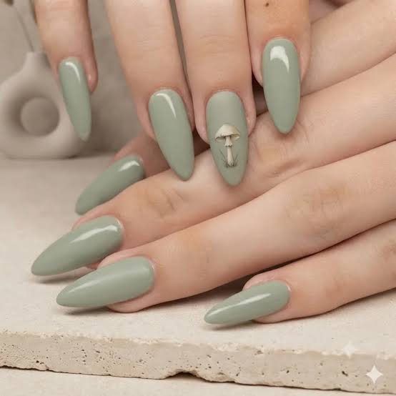 Matte Sage Green Single Mushroom Almond Nails — Trendy Mushroom Nails