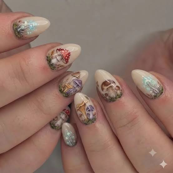 Earthy Tones Realistic Mushroom Almond Nails — Trendy Mushroom Nails