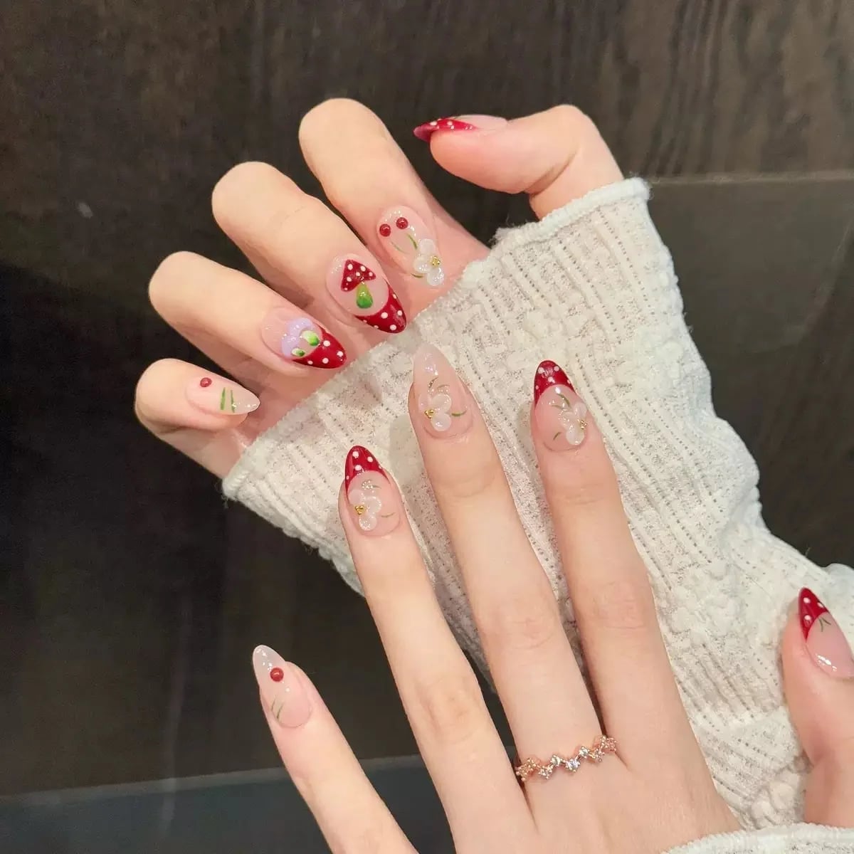 3D Mushroom Red French Tip Almond Nails — Trendy Mushroom Nails