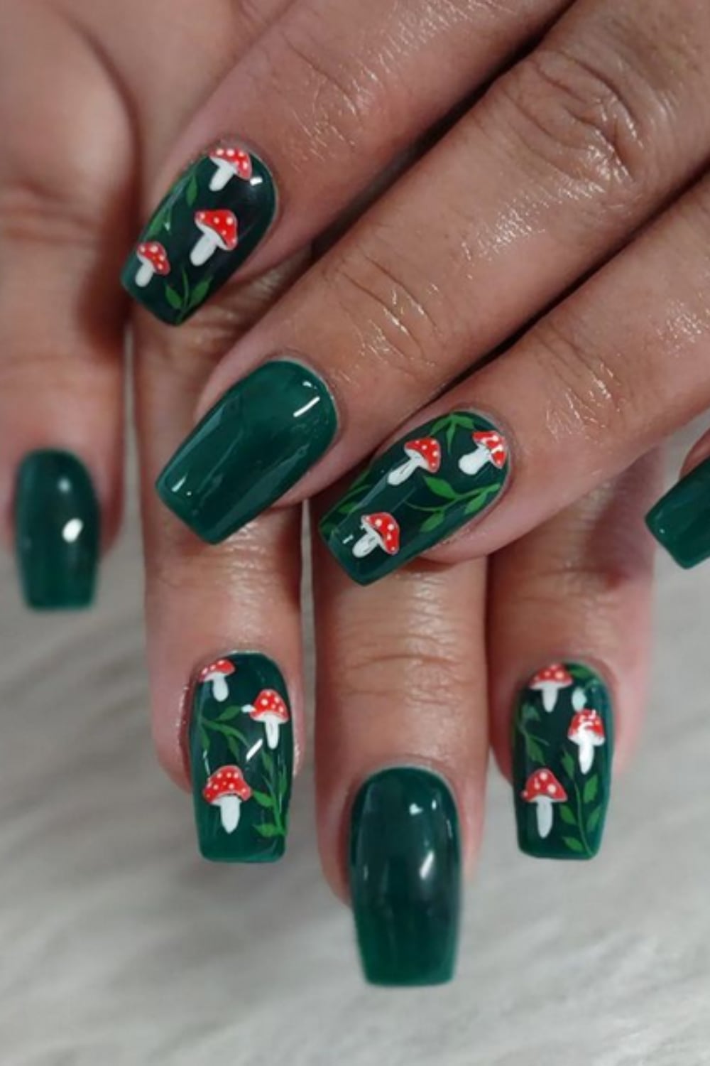 Deep Green Square Mushroom Nails — Trendy Mushroom Nails
