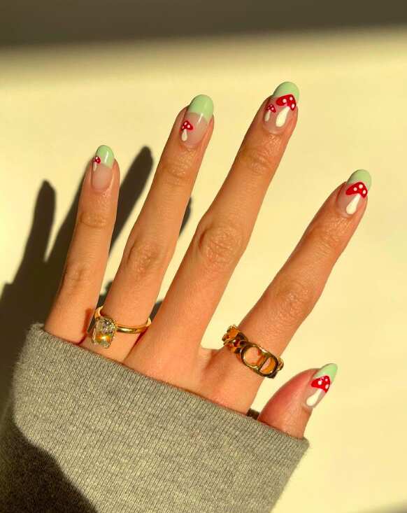 Short Oval Matte Light Green Mushroom Nails — Trendy Mushroom Nails