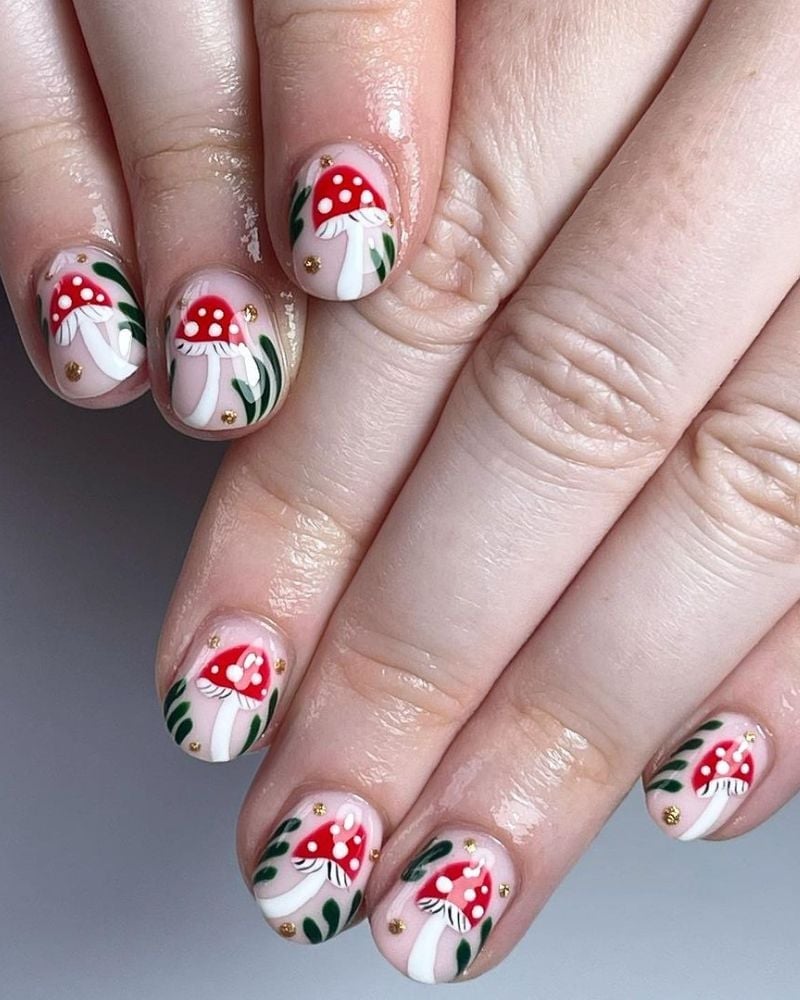 Short Oval Matte Mushroom Gold Dot Nails — Trendy Mushroom Nails