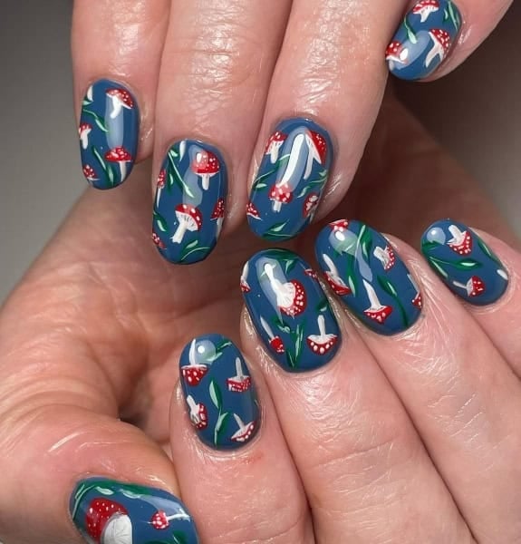 Short Oval Glossy Teal Mushroom Pattern Nails — Trendy Mushroom Nails