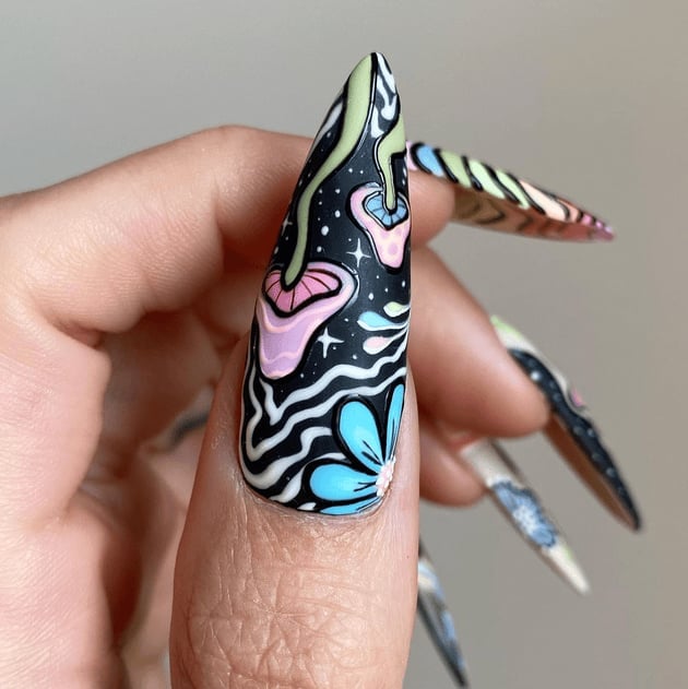 Psychedelic Melting Mushroom Stiletto Nails — Trendy Mushroom Nails