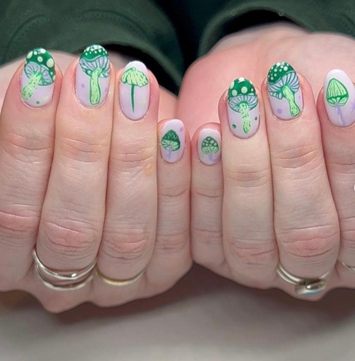 Short Oval Glossy Pink Green Mushroom Nails — Trendy Mushroom Nails