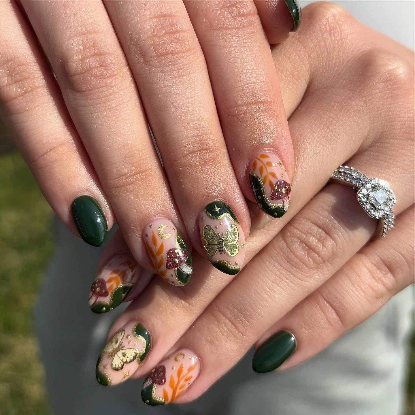 3D Mushroom Forest Green Almond Nails — Trendy Mushroom Nails