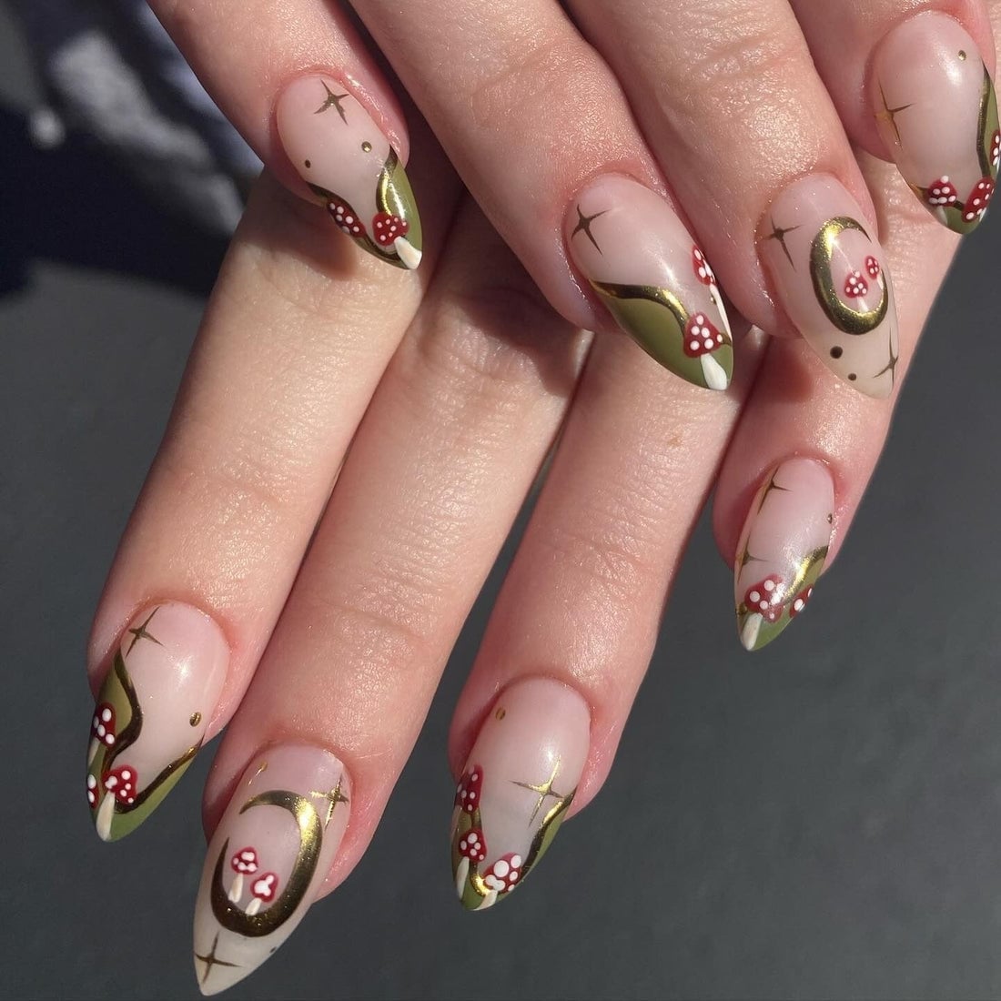 Long Coffin Glossy Mushroom Floral Nails — Trendy Mushroom Nails