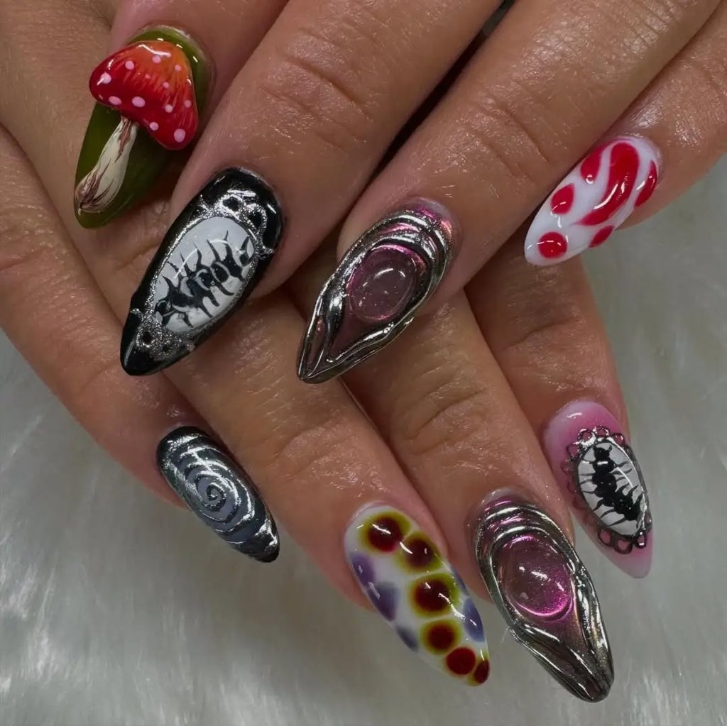 3D Mushroom Accent Long Stiletto Nails — Trendy Mushroom Nails