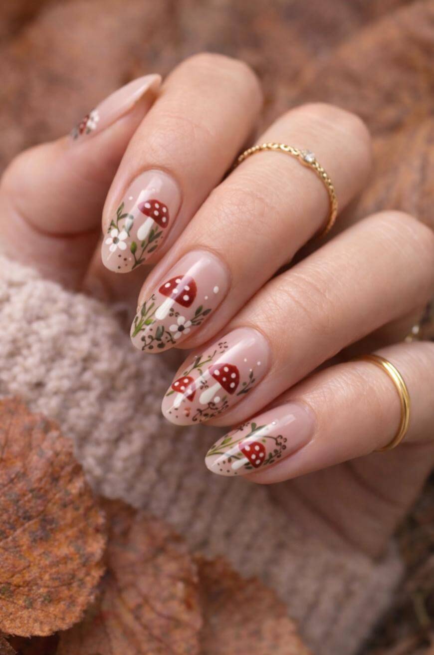 Sheer Base Whimsical Mushroom Nails — Trendy Mushroom Nails