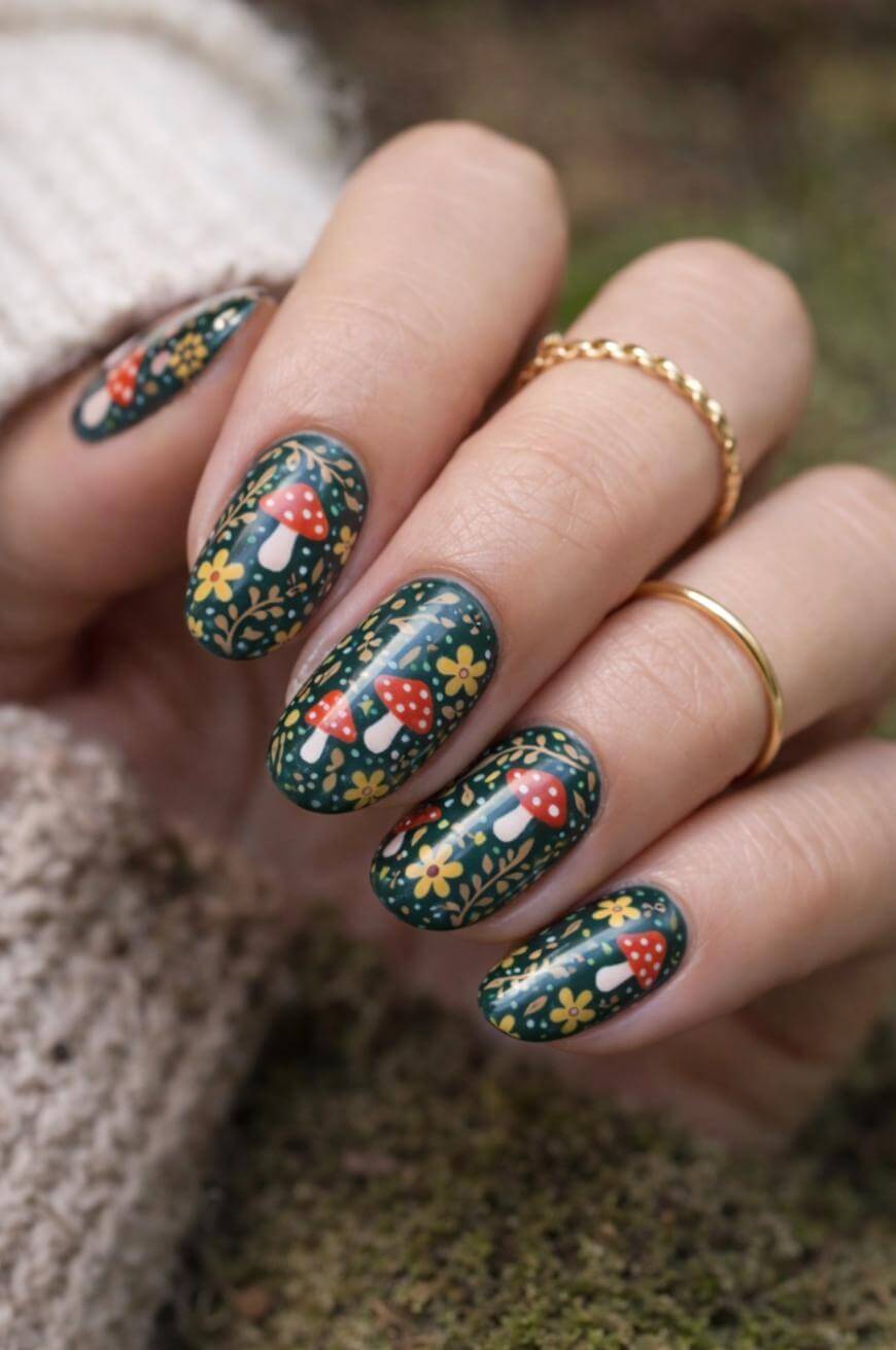 Dense Forest Green Mushroom Swirl Nails — Trendy Mushroom Nails