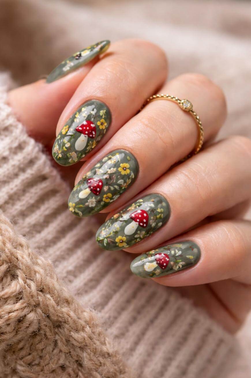 Matte Olive Green Mushroom Floral Nails — Trendy Mushroom Nails