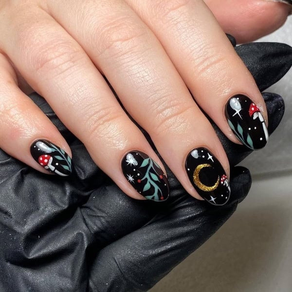 Glossy Black Mushroom Celestial Nails — Trendy Mushroom Nails