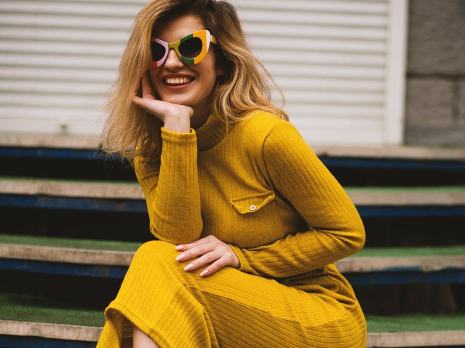 Fitted Mustard Ribbed Knit Midi Dress — Trendy Mustard Dress
